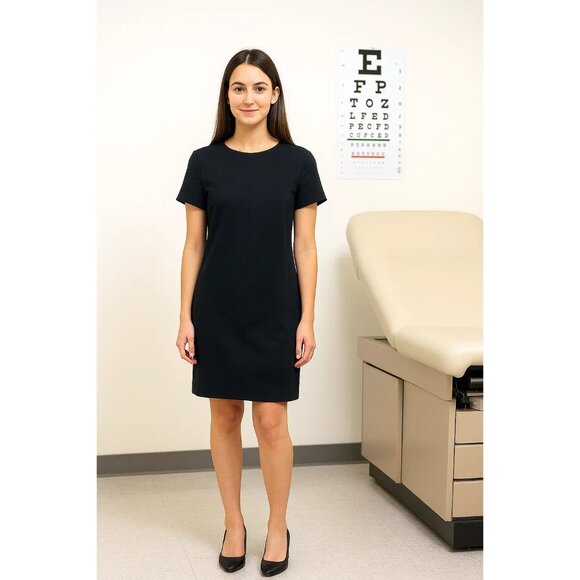 Magaschoni Black Sheath Dress Polyester Silk Exposed Seams Modern Business Sz 8 - Picture 1 of 7